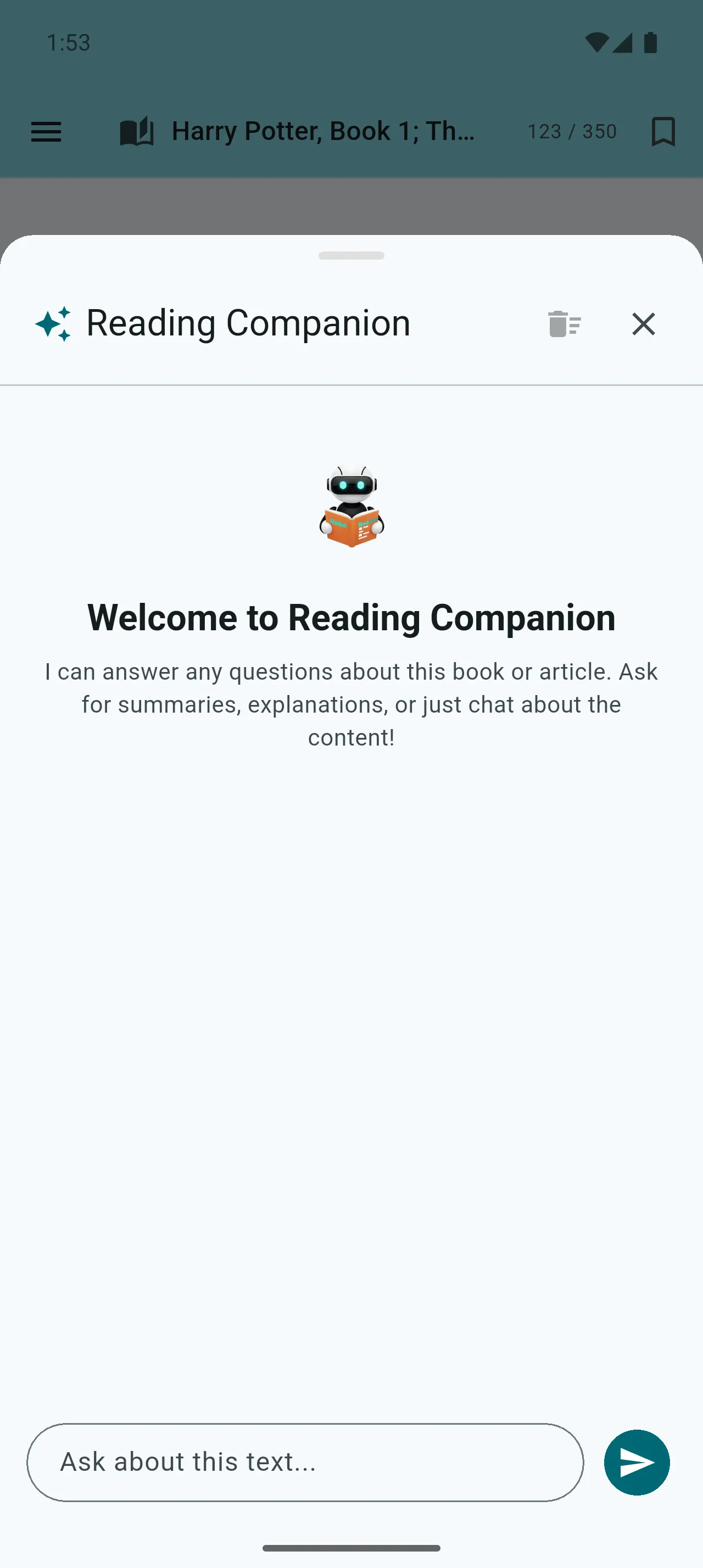 Robo Reader AI Reading Companion feature — main view