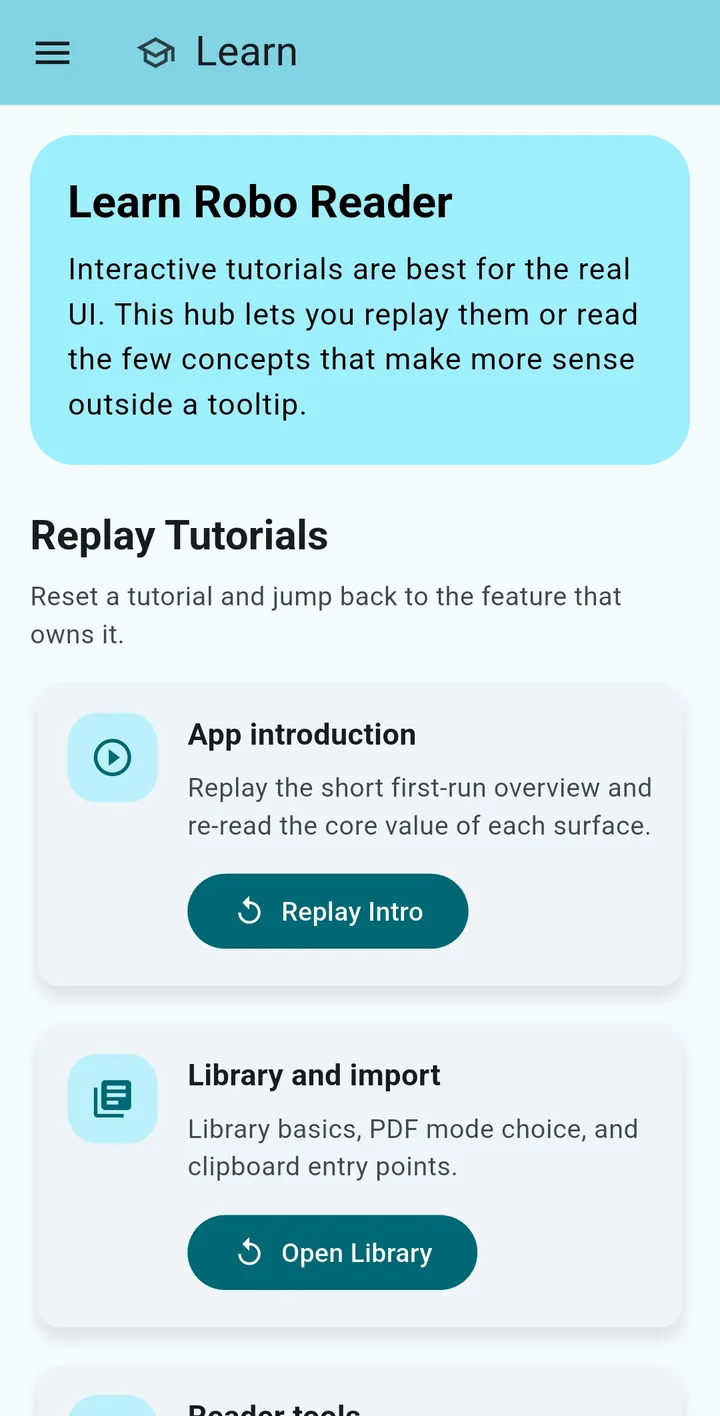 Robo Reader Learn hub showing replayable tutorials for app introduction, library, and reader tools